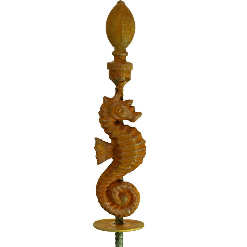The seahorse sentinel garden hose stake guide is made with an iron spear and a rustic looking seahorse.
