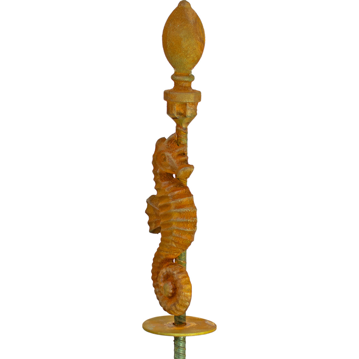 The side angle of the seahorse sentinel garden hose stake guide.