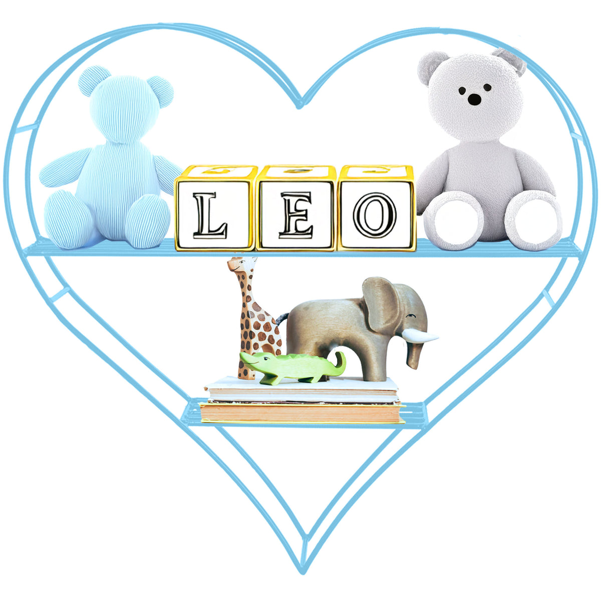 baby blue heart shaped floating shelf on display with children's books and toys for a nursery room