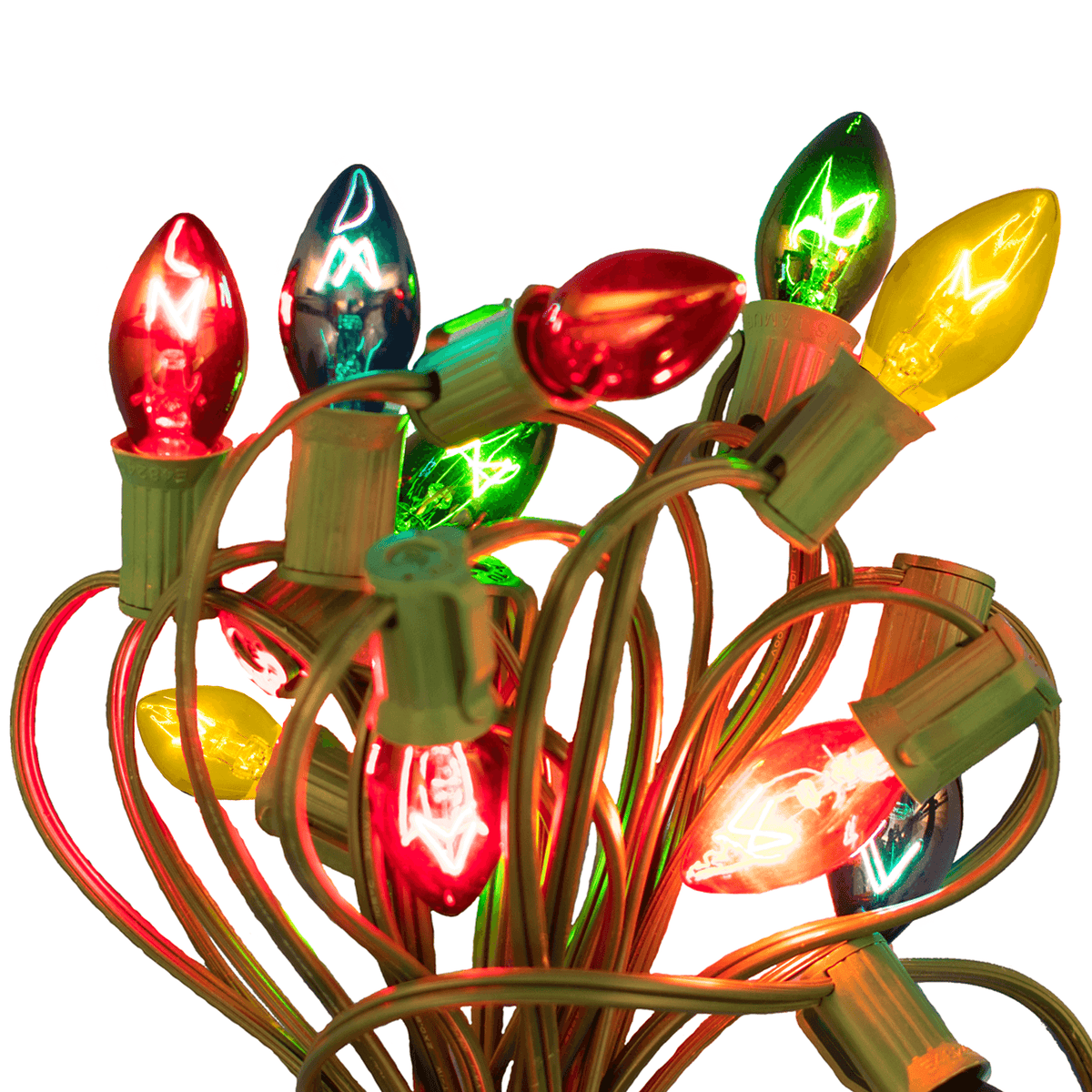 Christmas Lights sold with a 25FT Magnetic Patio String Cord in a set!    Get 25 Transparent Red, Green, Blue, Orange, & Yellow Incandescent Light Bulbs with a 25FT Green Patio String Cord.