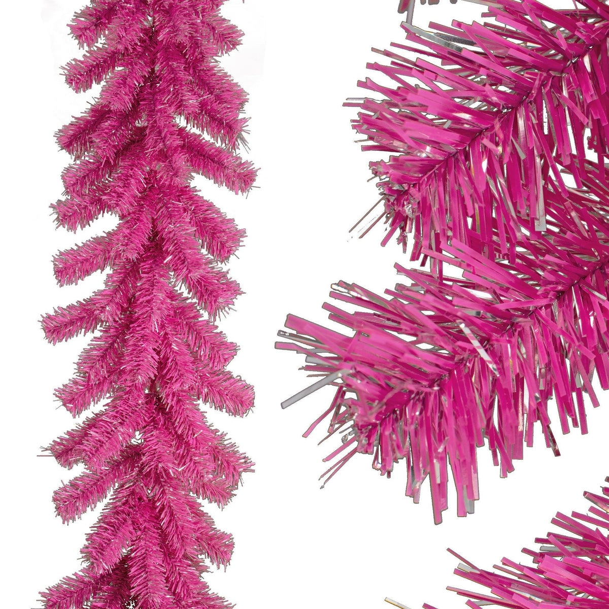   Shop for Lee Display's brand new 6FT Pink and Silver Tinsel Brush Garlands on sale now at leedisplay.com.
