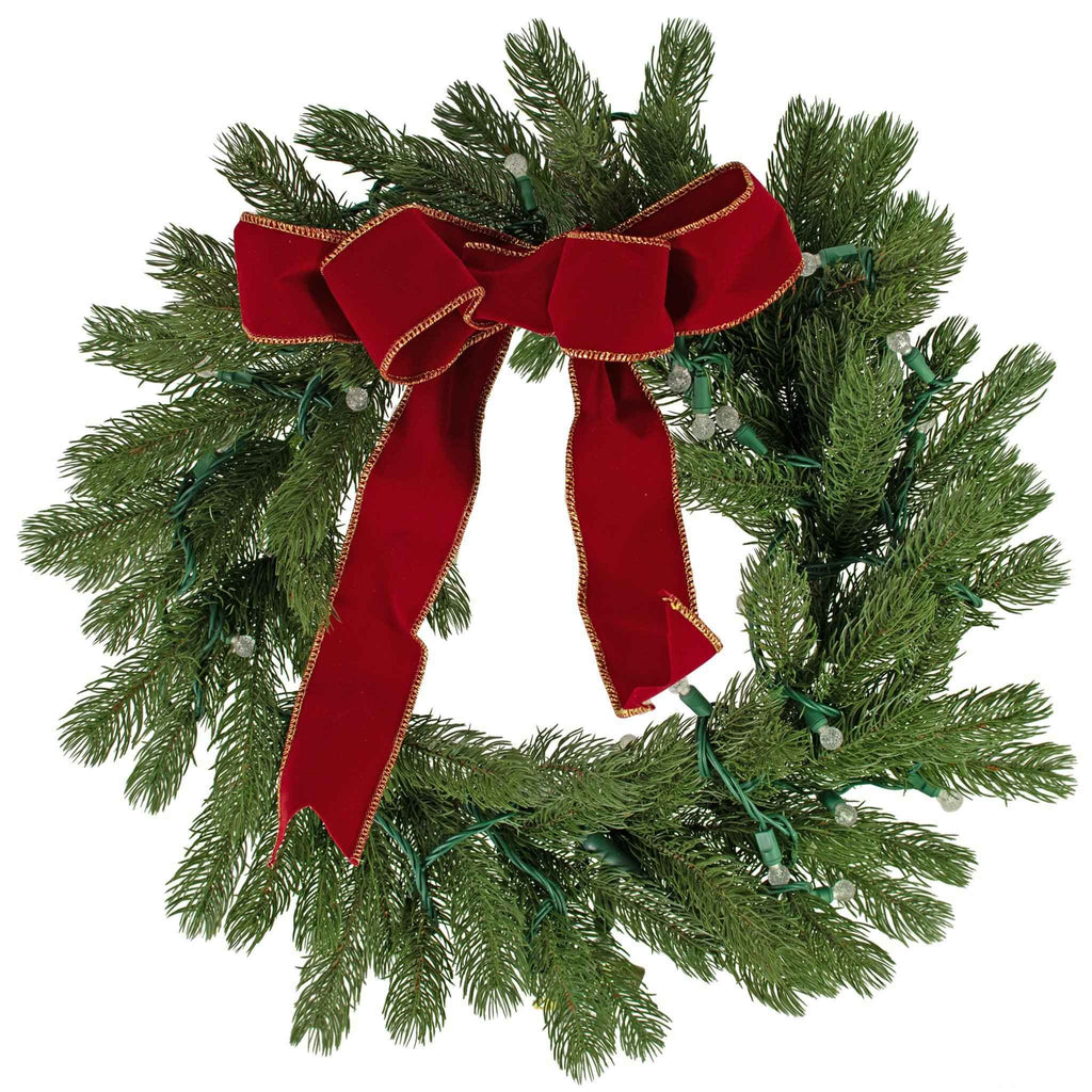 Pre-Lit Pine Needle Christmas Wreath | Red Velvet Bow | Xmas Decor ...