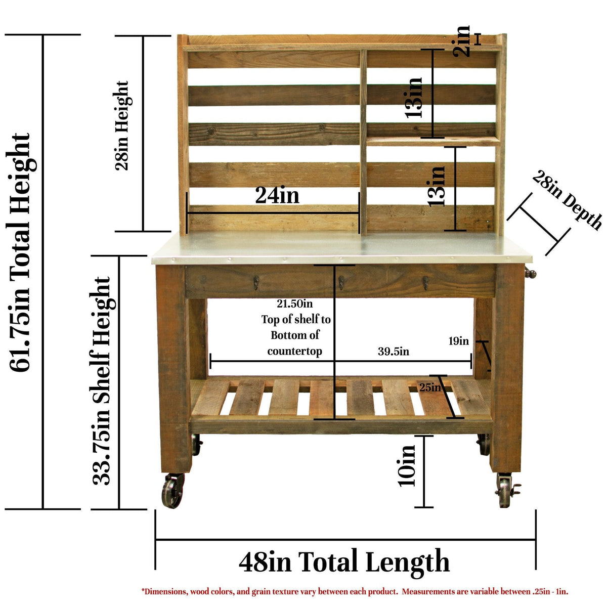 Dimensions and specs of Lee Display's Potting Table made with 5in Black Casters.
