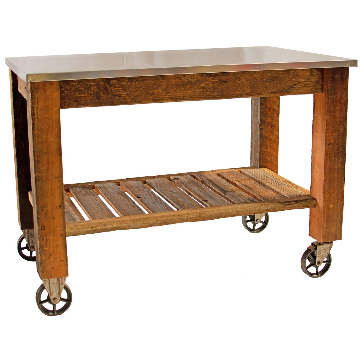 Lee Display's Redwood Potting Table Rolling Cart with 6in Vintage Casters without Hardware Included on sale now at leedisplay.com