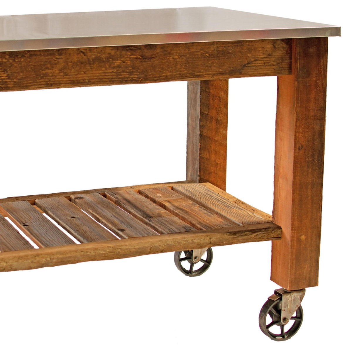 Side photo of Lee Display's Redwood Potting Table Rolling Cart with 6in Vintage Casters without Hardware Included on sale now at leedisplay.com