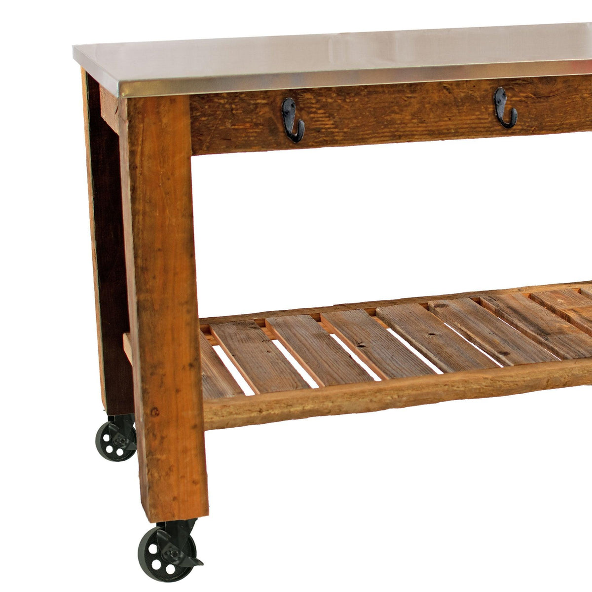 Side photo of Lee Display's Redwood Potting Table Rolling Cart with 5in Black Casters with Hardware Included on sale now at leedisplay.com