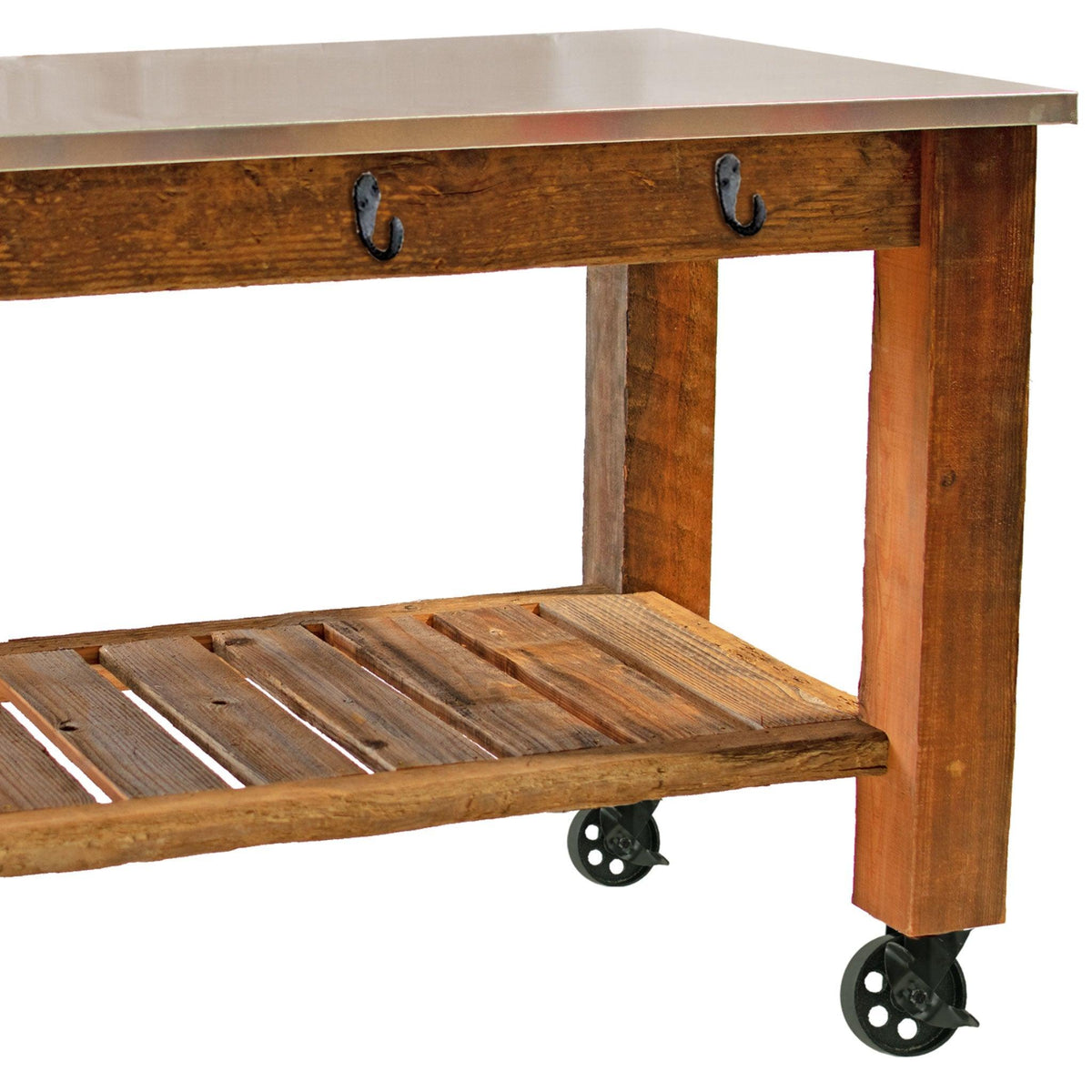 Corner photo of Lee Display's Redwood Potting Table Rolling Cart with 5in Black Casters with Hardware Included on sale now at leedisplay.com