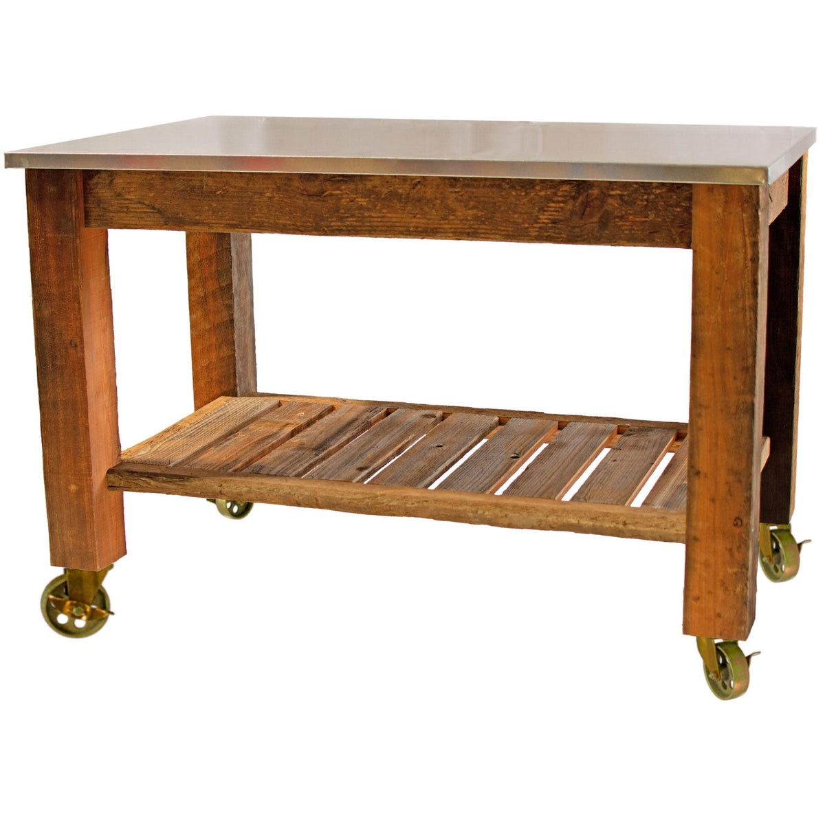 Lee Display's Redwood Potting Table Rolling Cart with 5in Gold Swivel Metal Casters and Hardware on sale now at leedisplay.com