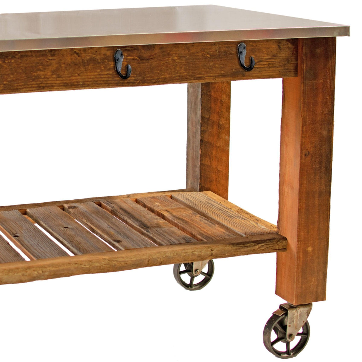 Legs and Hooks of Lee Display's Redwood Potting Table Rolling Cart with 6in Vintage Casters and Hardware on sale now at leedisplay.com