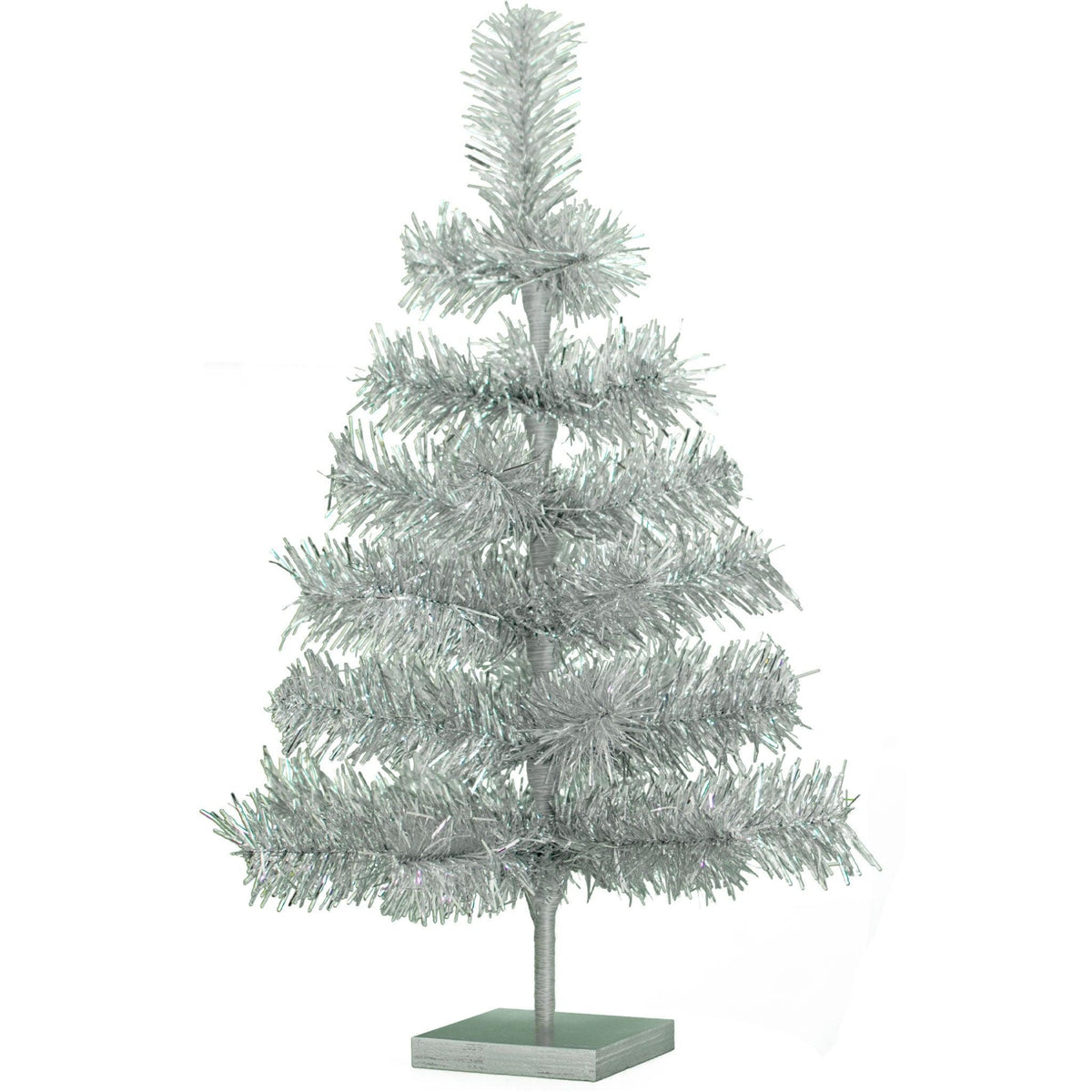 Lee Display's Original Silver Tinsel Christmas Trees! Decorate for the holidays w/ a retro-style Silver Christmas Tree. Incorporate a little silver into your holiday decorations this year. 4 Sizes to Choose: 18in - 48in Heights Available. 18in Trees are perfect table-top display heights and 48in Trees make beautiful centerpieces.