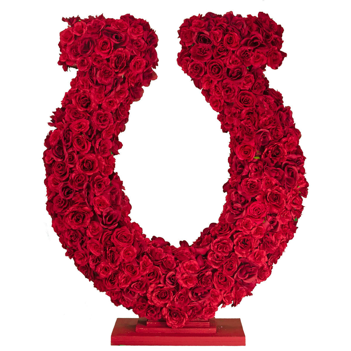 40in tall Rose Petal Horseshoe Centerpiece and Tabletop Display made with artificial rosebud flowers on a foam core and a wooden base painted in red.