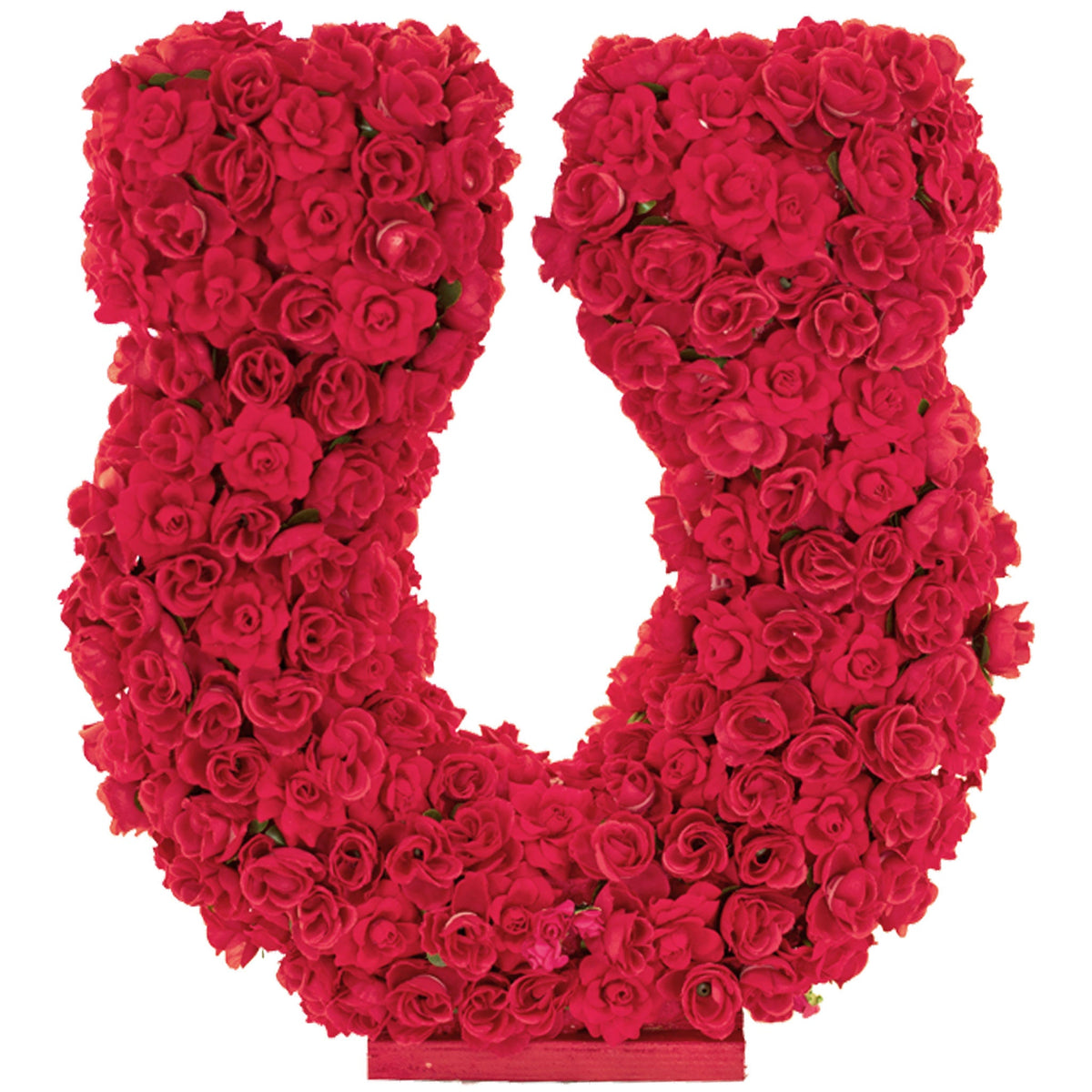 18in tall Rose Petal Horseshoe Centerpiece and Tabletop Display made with artificial rosebud flowers on a foam core and a wooden base painted in red.