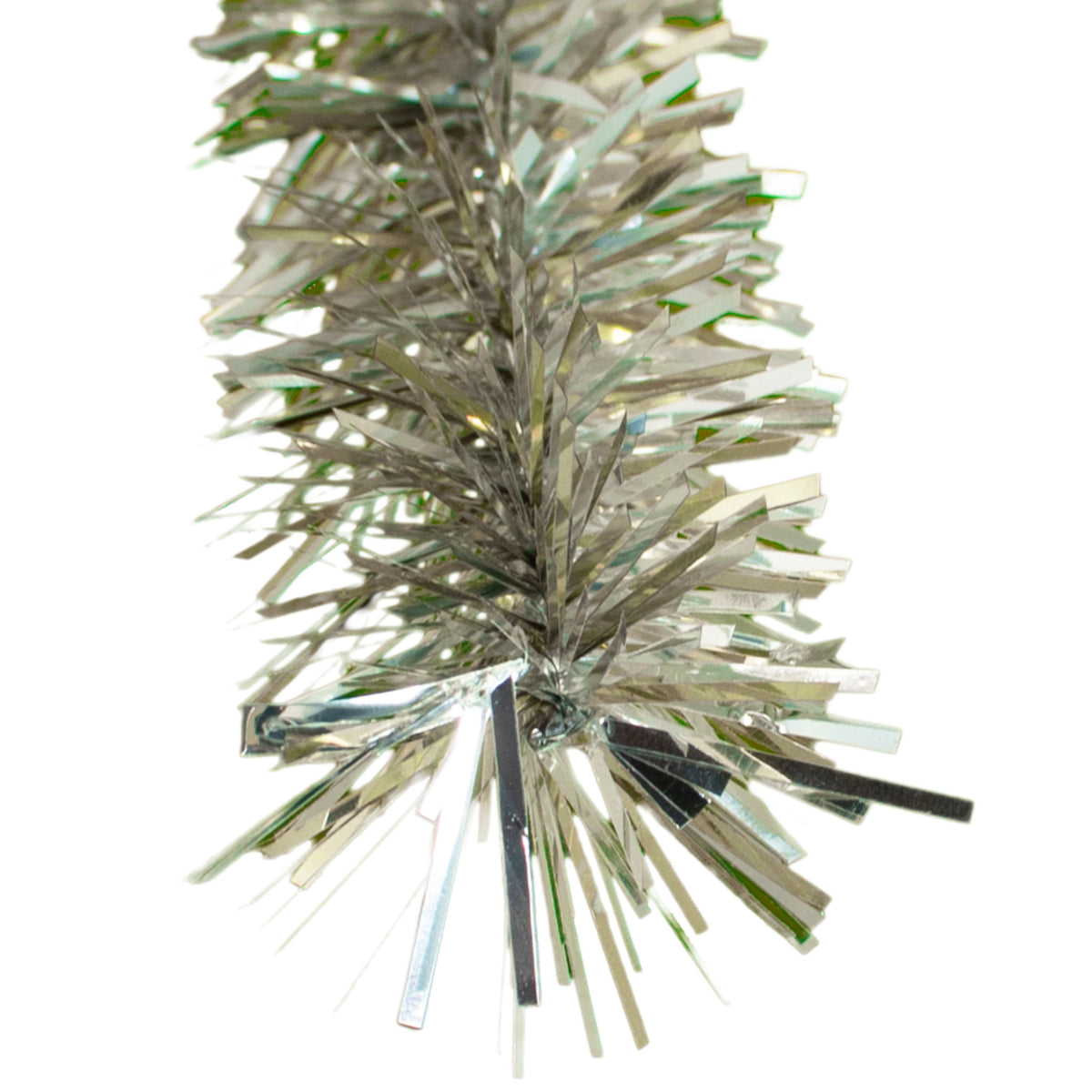 A photo of the 1in diameter Antique Silver Tinsel Garland upclose strand