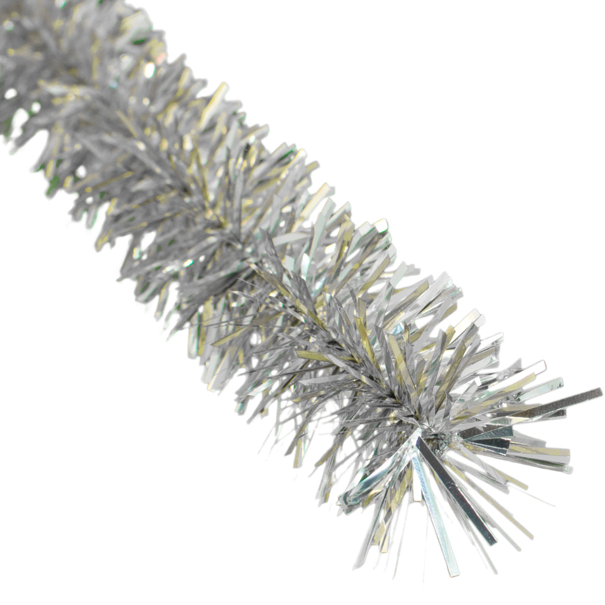 A photo of the 1in diameter Antique Silver Tinsel Garland upclose strand