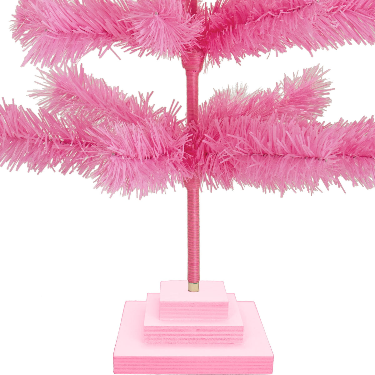 3FT Tall Pink Christmas Trees come with a pink painted wooden triple-tiered base.