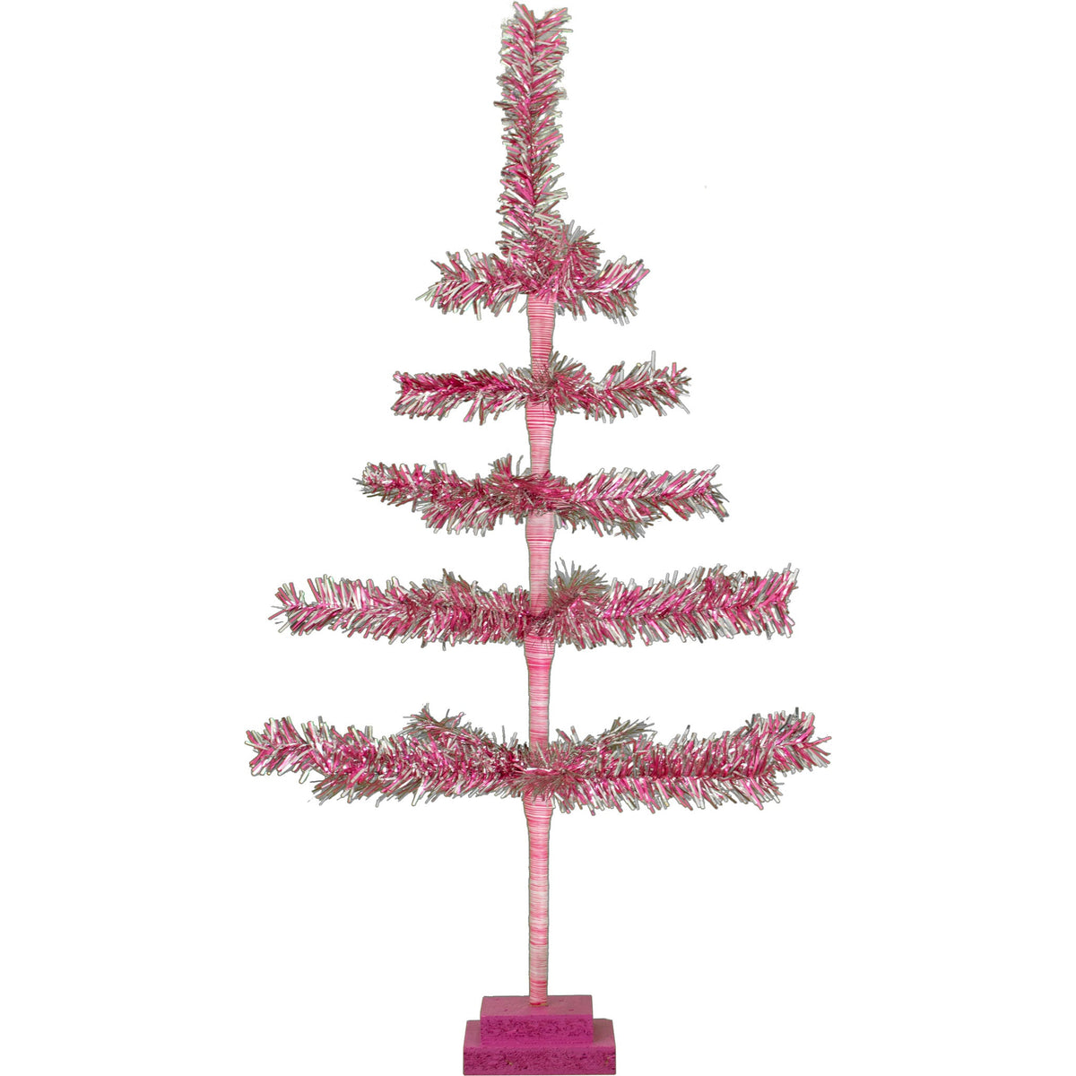 Introducing Lee Display's Limited Edition 28in Tall Vintage Pink and Silver Tinsel Christmas Tree – a rare find from our archives, crafted over a decade ago and available in limited quantity.