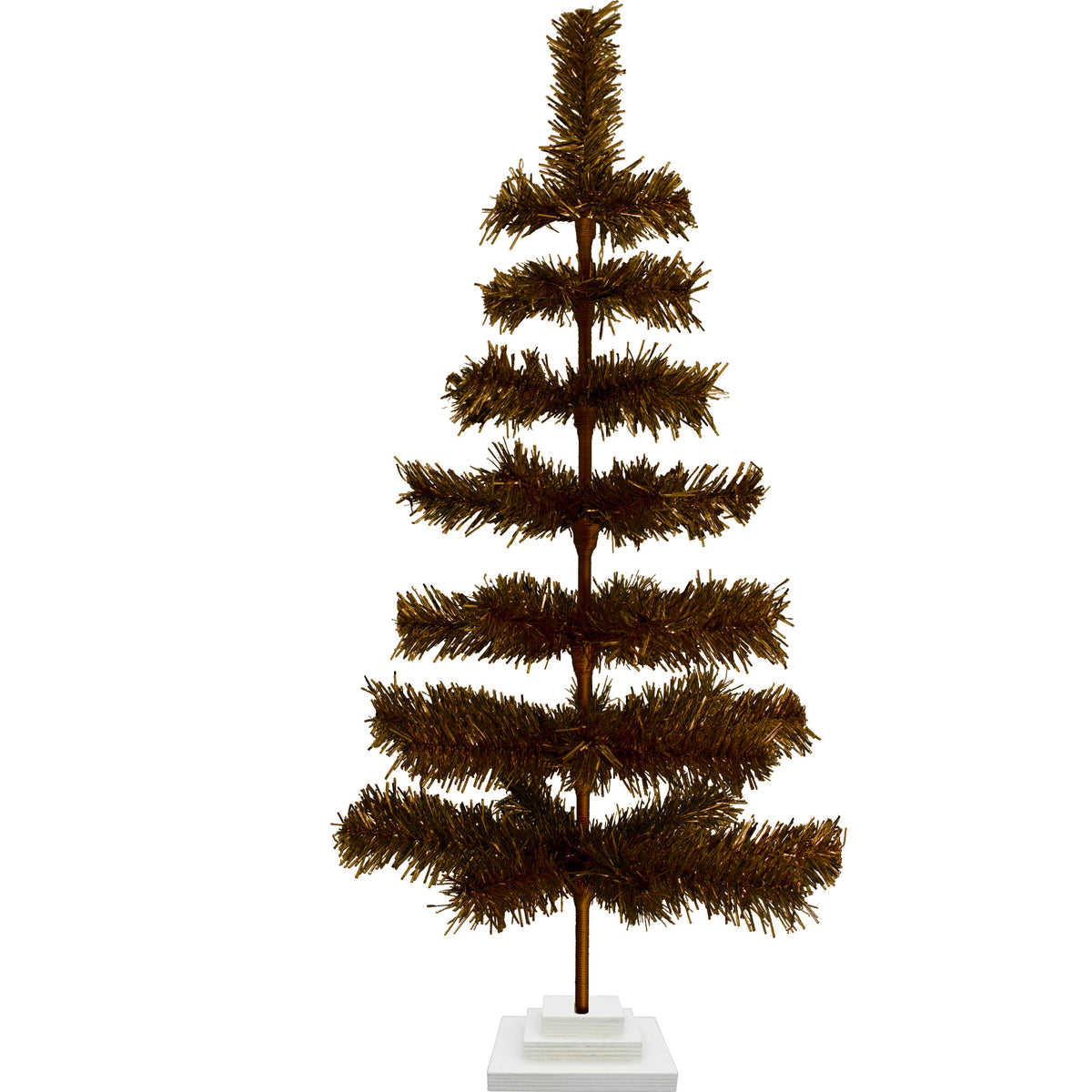 3ft tall copper tinsel christmas tree with a white wood stand