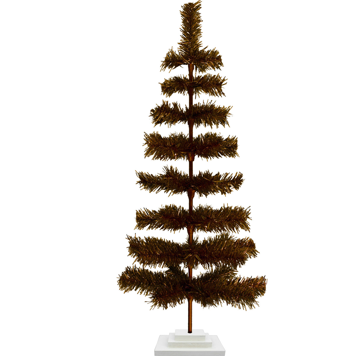 4ft tall copper tinsel christmas tree with a white wood stand