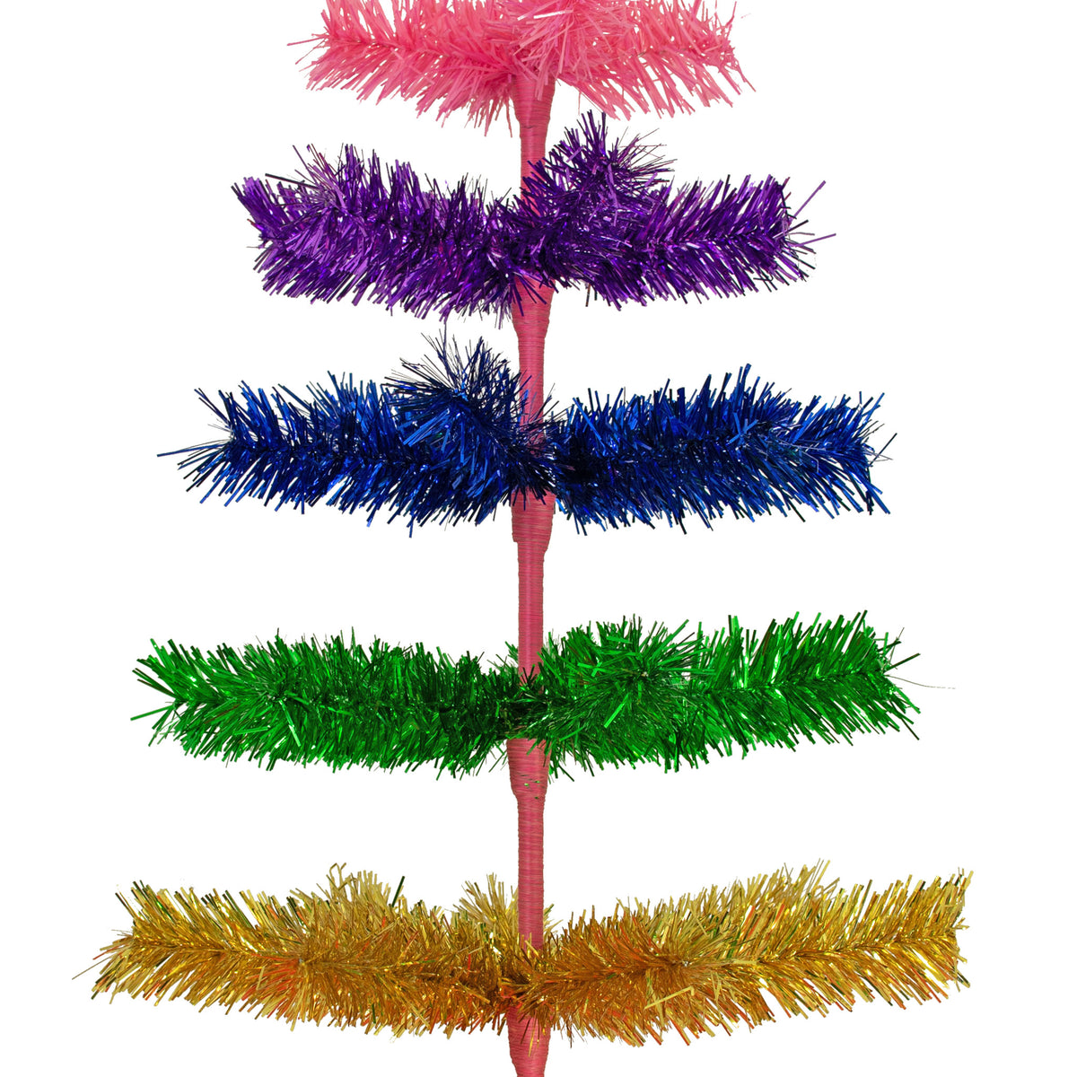 Closeup of the rows of branches of the 4FT Tall Rainbow Layered Tinsel Christmas Tree.