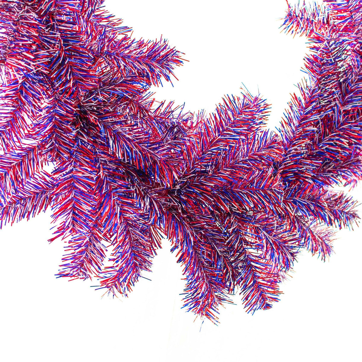Lee Display's 6FT 4th of July Red White and Blue Firework Tinsel Brush Garland.  Available now at leedisplay.com