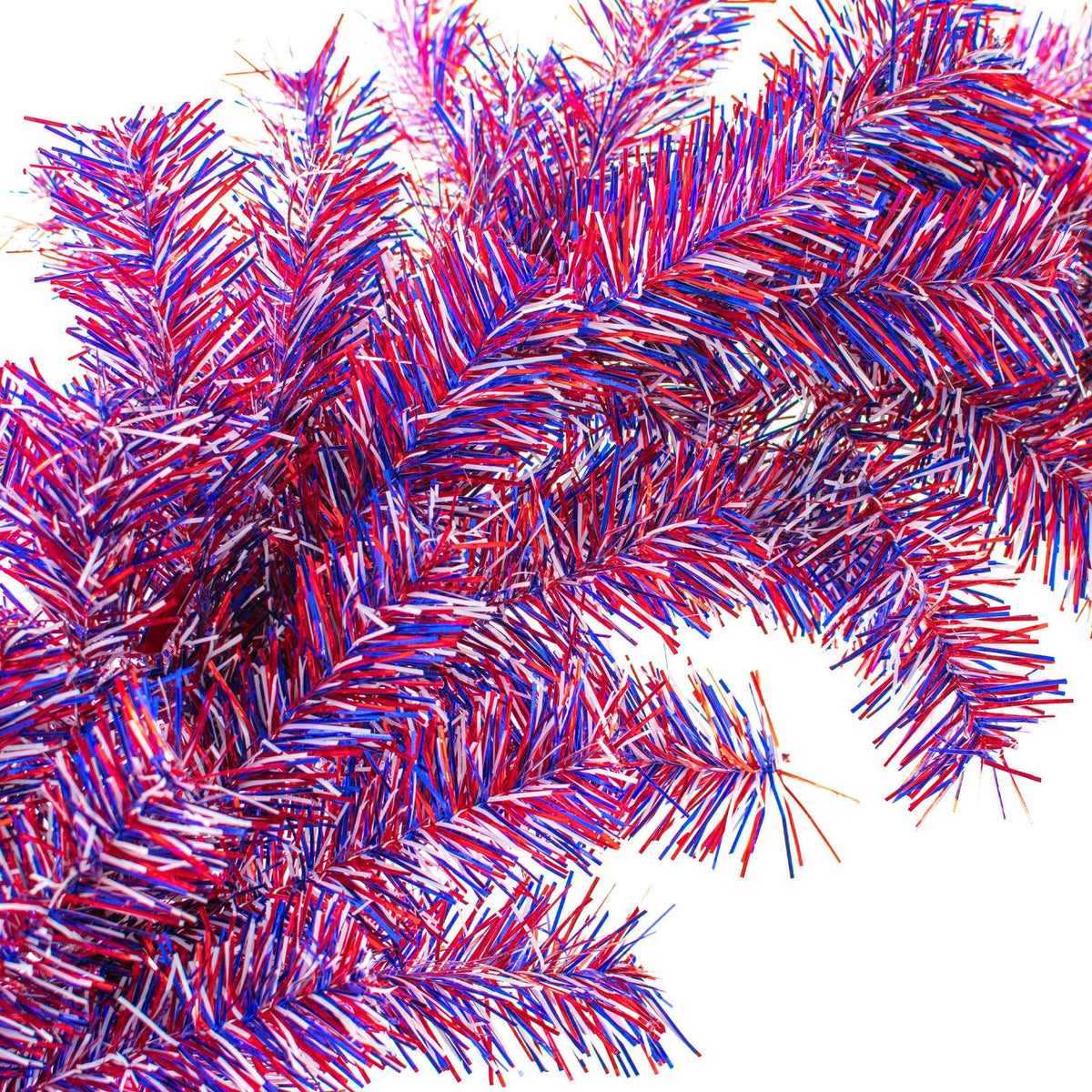 Photo of Lee Display's 6FT 4th of July Red White and Blue Firework Tinsel Brush Garland.  Available now at leedisplay.com