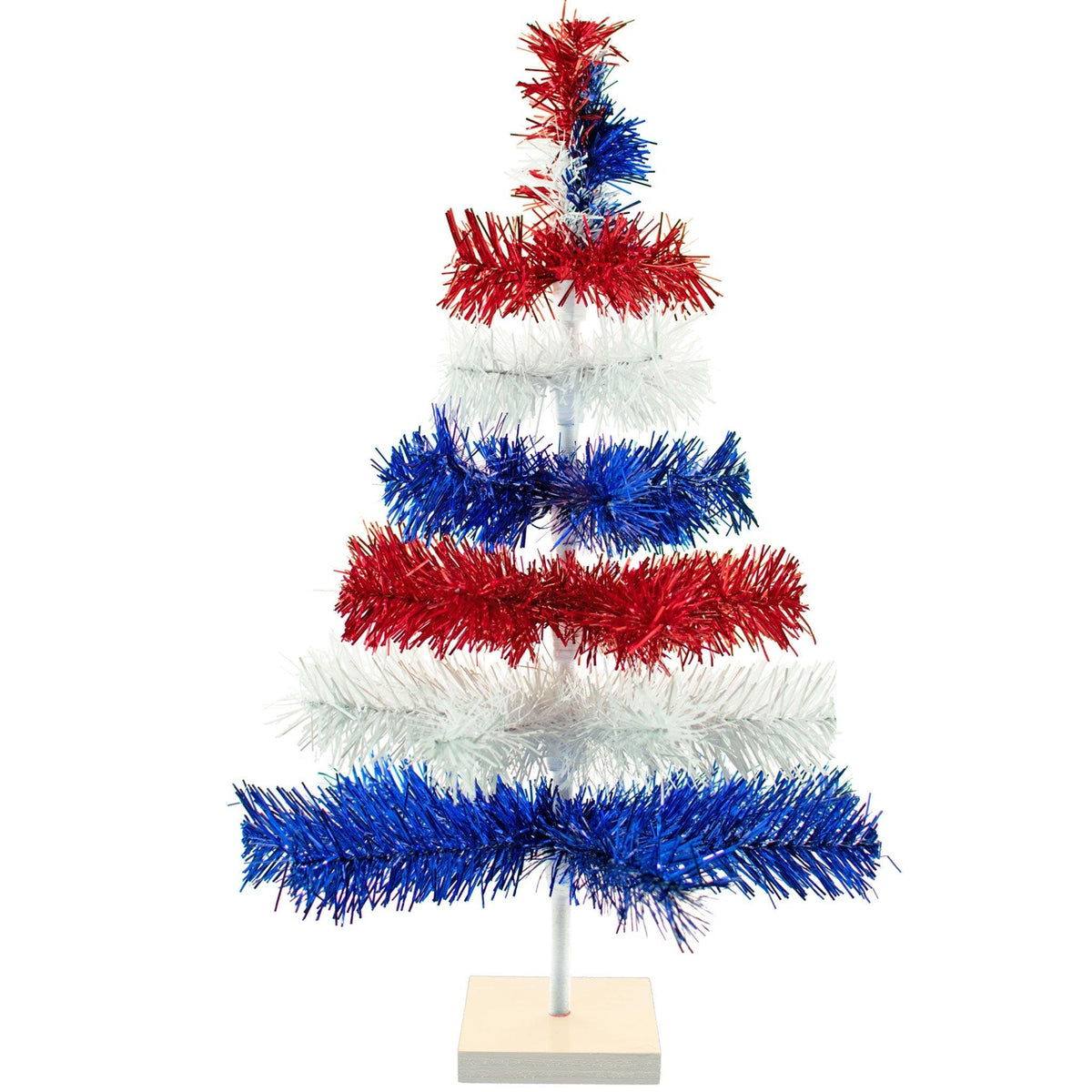 18in tall Red, White, and Blue Layered Tinsel Christmas Trees made by hand in the USA.  Decorate for the holidays with retro 4th of July-themed Trees and start creating your centerpiece now.  Shop for more at leedisplay.com