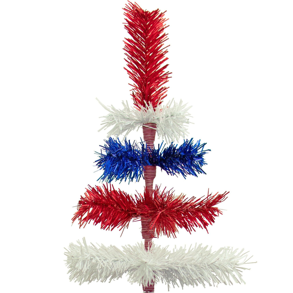 36in tall Red, White, and Blue Layered Tinsel Christmas Trees made by hand in the USA.  Decorate for the holidays with retro 4th of July-themed Trees and start creating your centerpiece now.  Shop for more at leedisplay.com