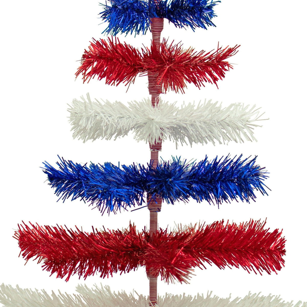 36in tall Red, White, and Blue Layered Tinsel Christmas Trees made by hand in the USA.  Decorate for the holidays with retro 4th of July-themed Trees and start creating your centerpiece now.  Shop for more at leedisplay.com