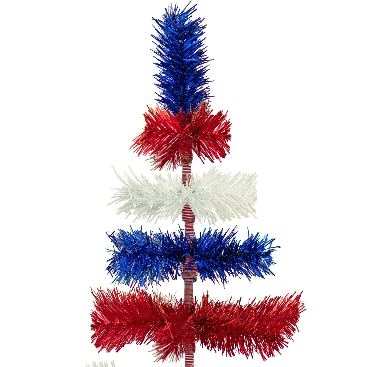 48in tall Red, White, and Blue Layered Tinsel Christmas Trees made by hand in the USA.  Decorate for the holidays with retro 4th of July-themed Trees and start creating your centerpiece now.  Shop for more at leedisplay.com