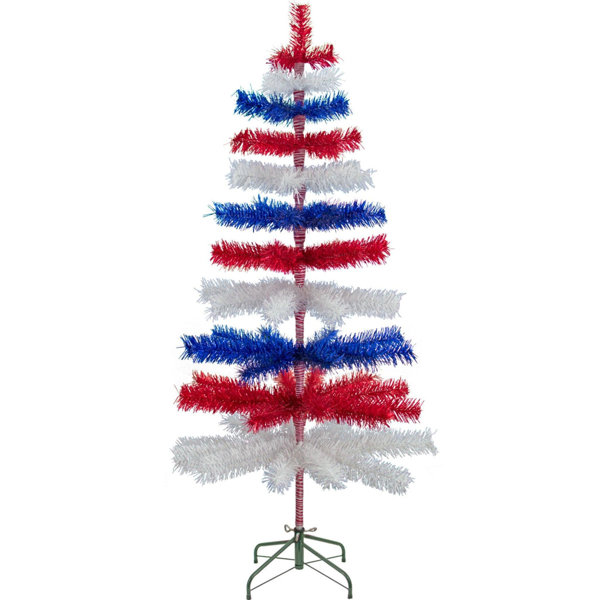 60in tall Red, White, and Blue Layered Tinsel Christmas Trees made by hand in the USA.  Decorate for the holidays with retro 4th of July-themed Trees and start creating your centerpiece now.  Shop for more at leedisplay.com