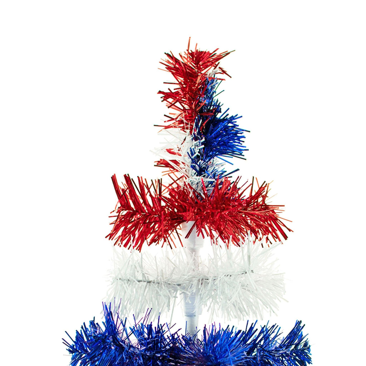 18in tall Red, White, and Blue Layered Tinsel Christmas Trees made by hand in the USA.  Decorate for the holidays with retro 4th of July-themed Trees and start creating your centerpiece now.  Shop for more at leedisplay.com