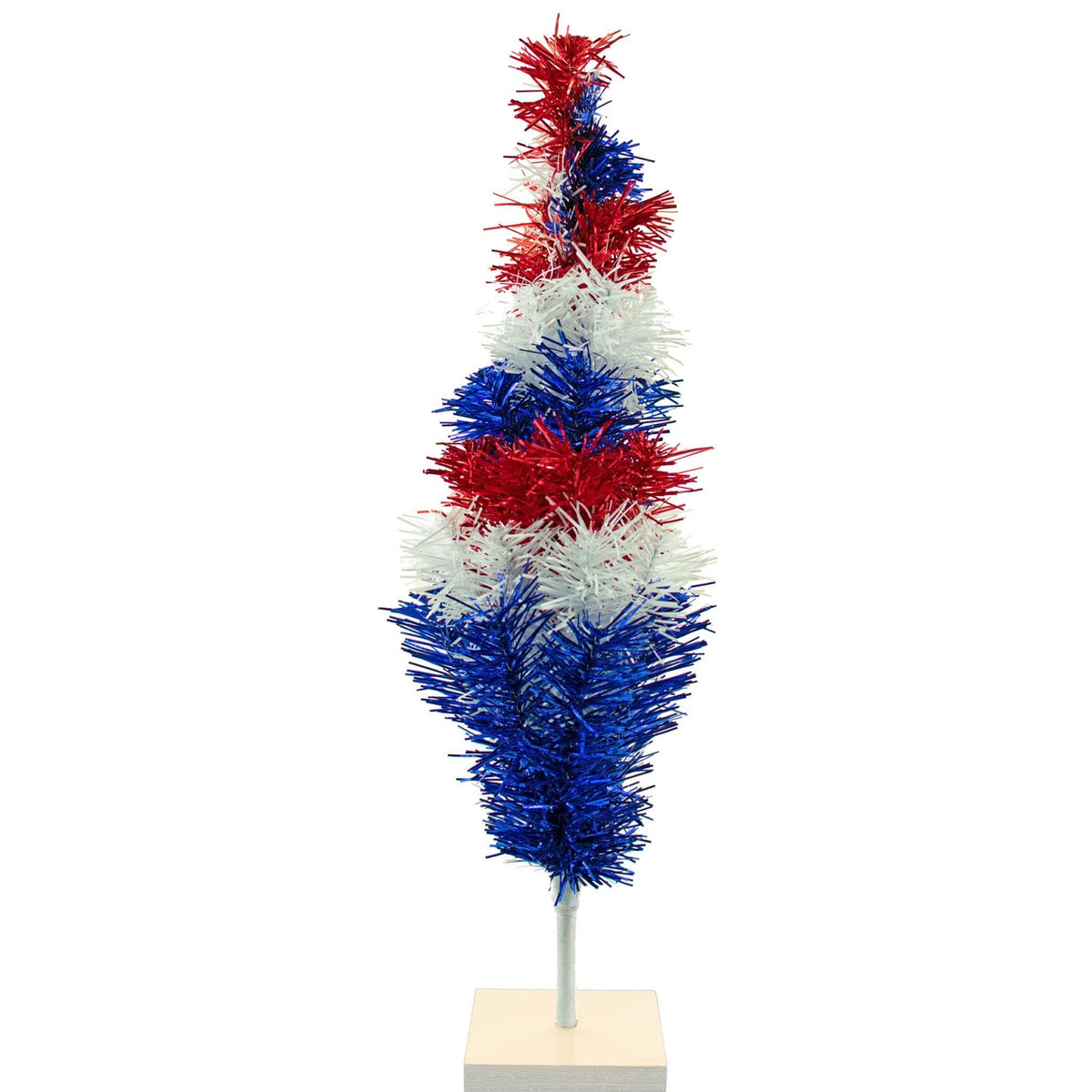 24in tall Red, White, and Blue Layered Tinsel Christmas Trees made by hand in the USA.  Decorate for the holidays with retro 4th of July-themed Trees and start creating your centerpiece now.  Shop for more at leedisplay.com