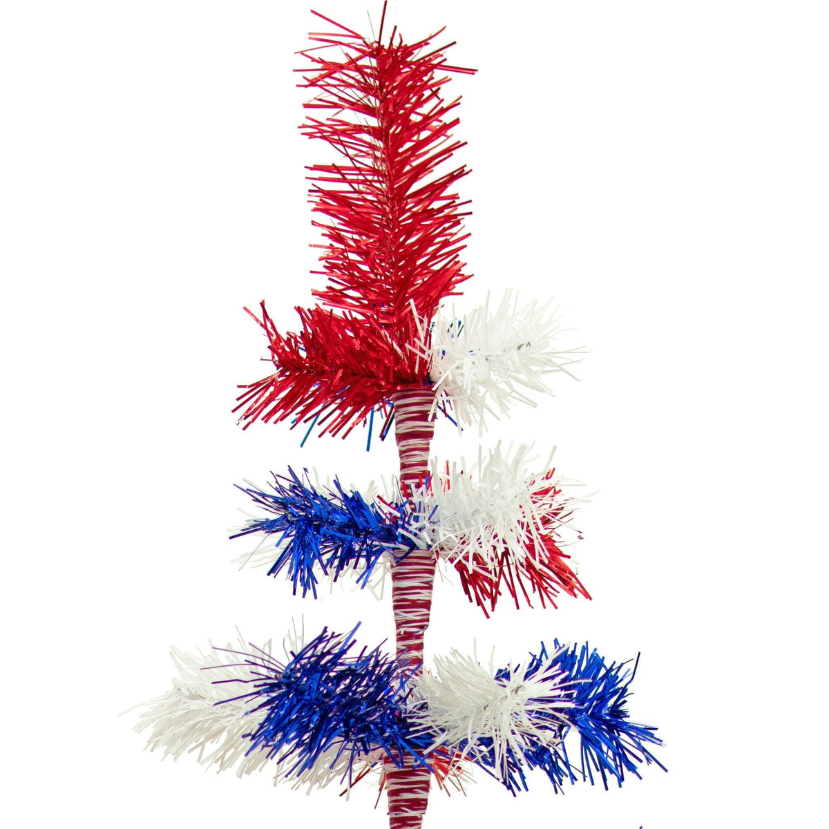 Top of the 36in Tall Red White and Blue Mixed Tinsel Christmas Tree on sale at leedisplay.com.