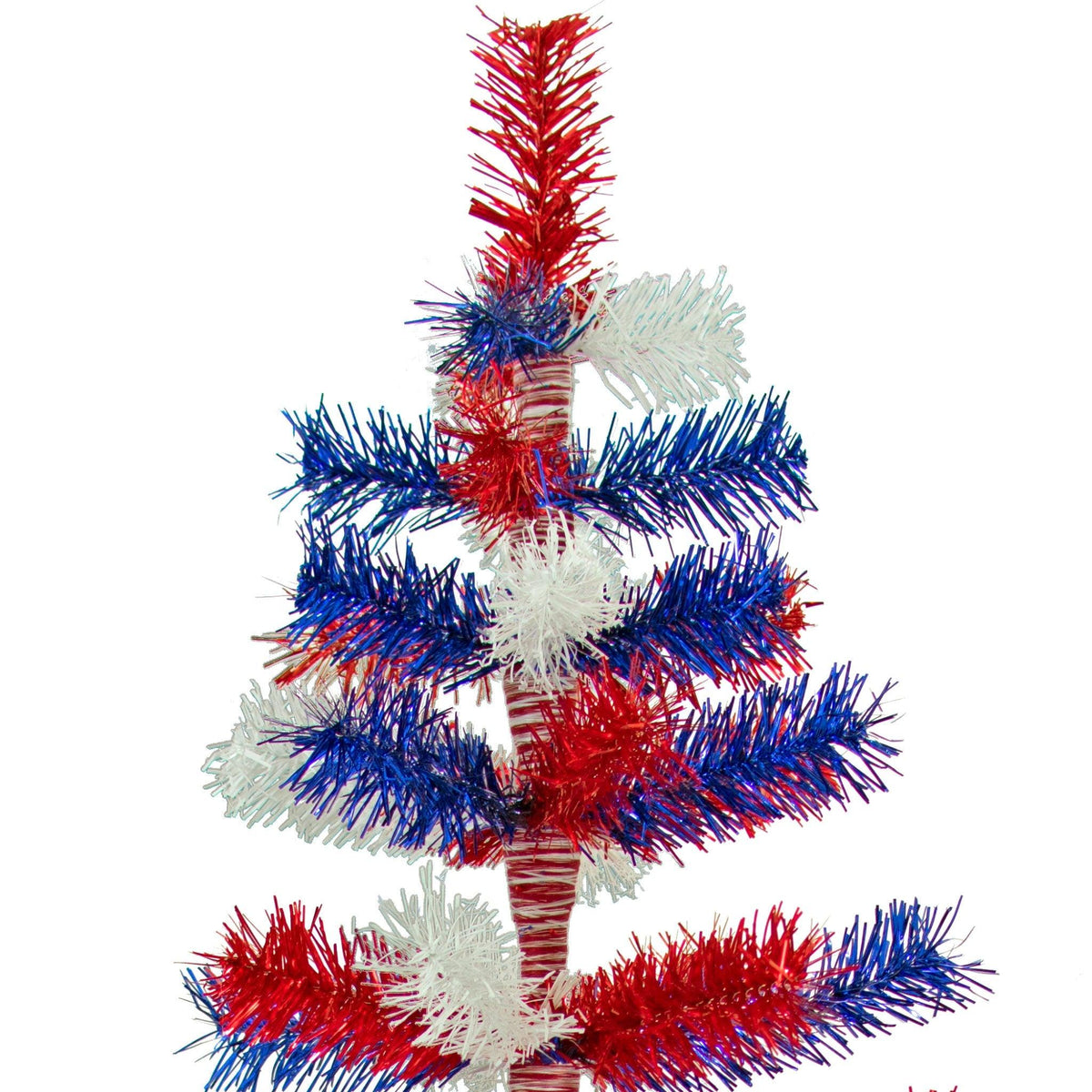 Top of the 60in Tall Red White and Blue Mixed Tinsel Christmas Tree on sale at leedisplay.com.