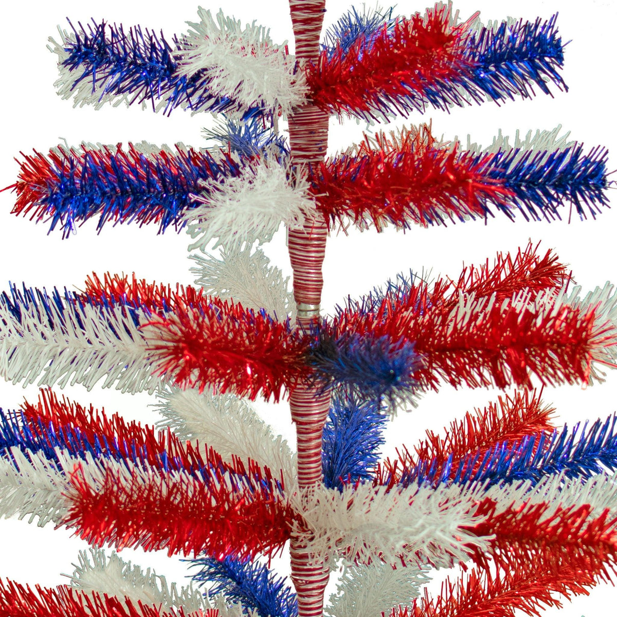 Middle of the 60in Tall Red White and Blue Mixed Tinsel Christmas Tree on sale at leedisplay.com.