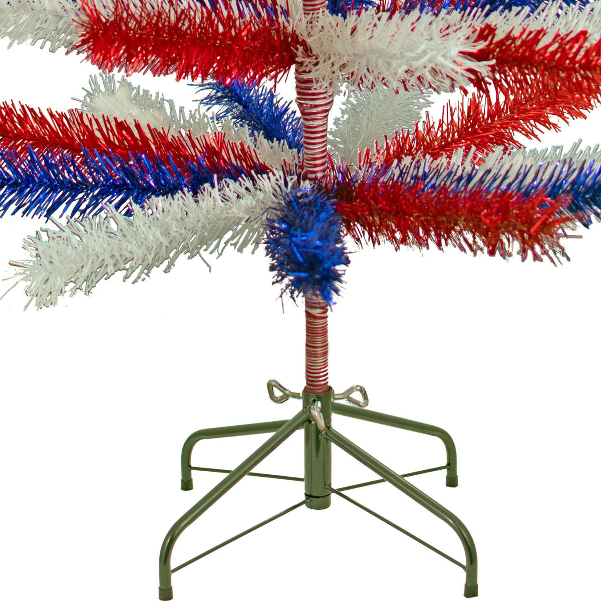5FT Tall trees come with green metal stands. 60in Tall Red White and Blue Mixed Tinsel Christmas Tree on sale at leedisplay.com.