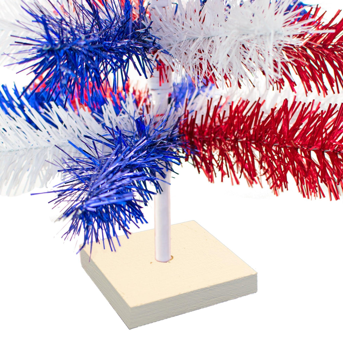 Bottom White Base with 18in Tall Red White and Blue Mixed Tinsel Christmas Tree on sale at leedisplay.com.
