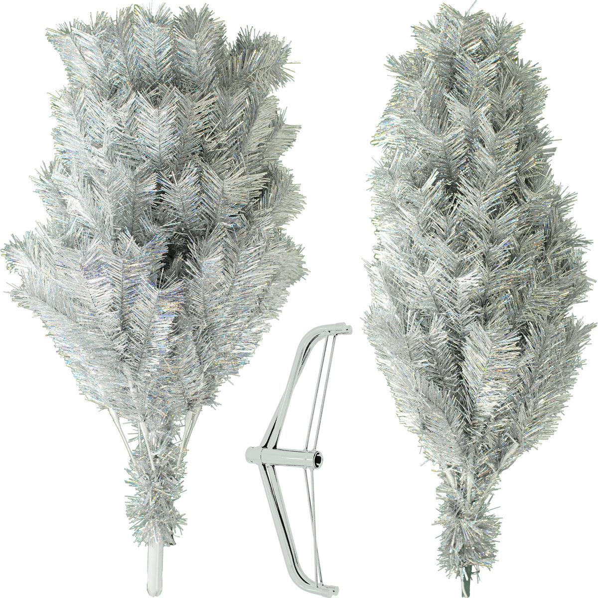 The 5FT Tall Luxe Christmas Silver Tinsel Tree comes in 2 pieces with a white folding stand included