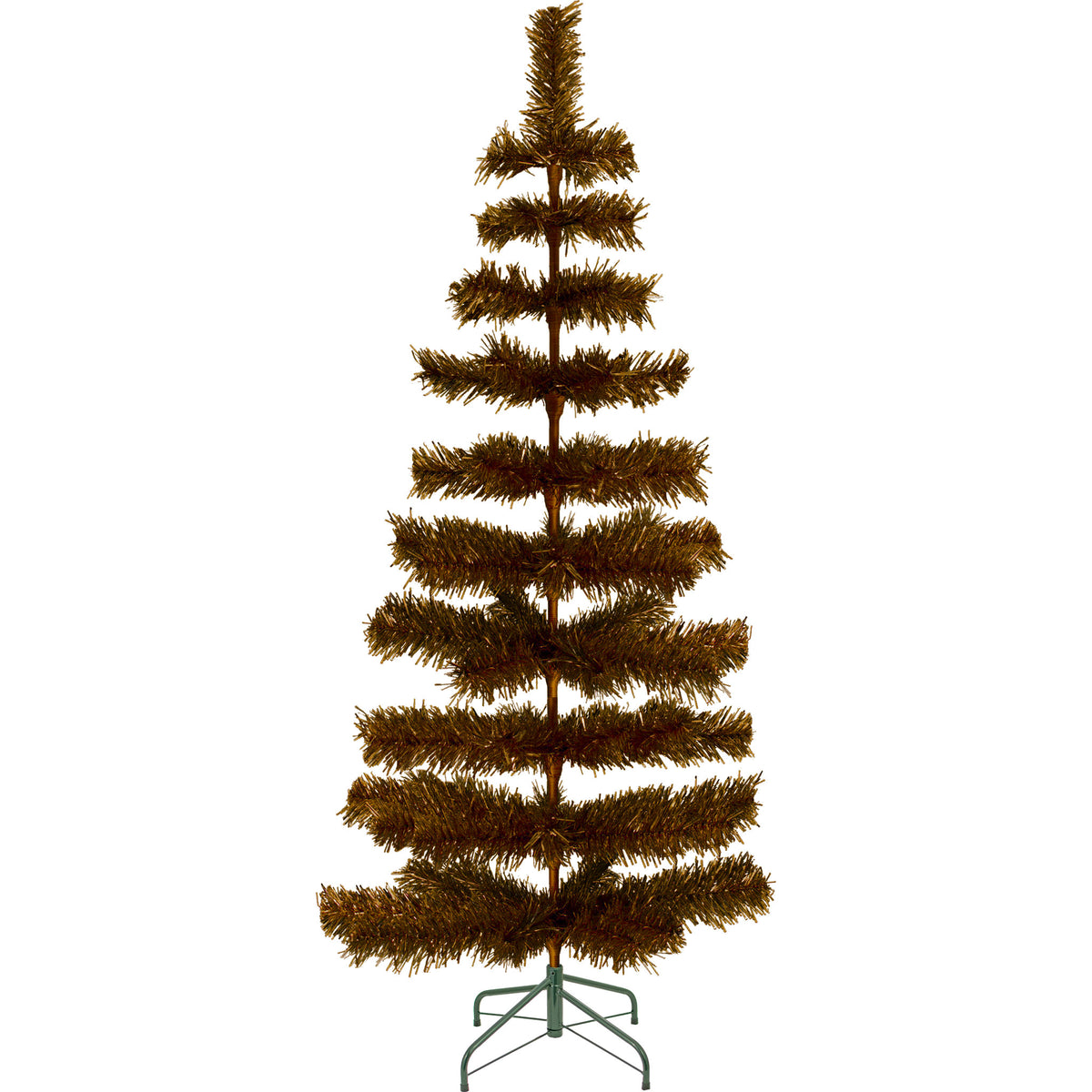 5ft tall copper tinsel christmas tree with a green metal stand