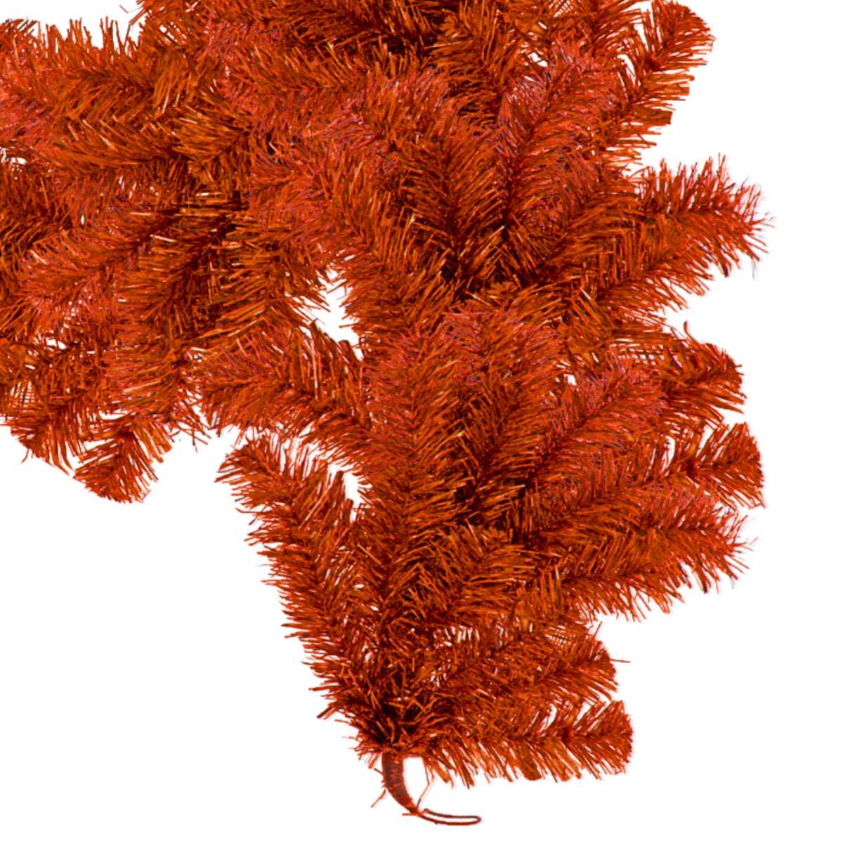 Shiny Orange Tinsel Brush Garland comes with wire on either end to hang from a hook