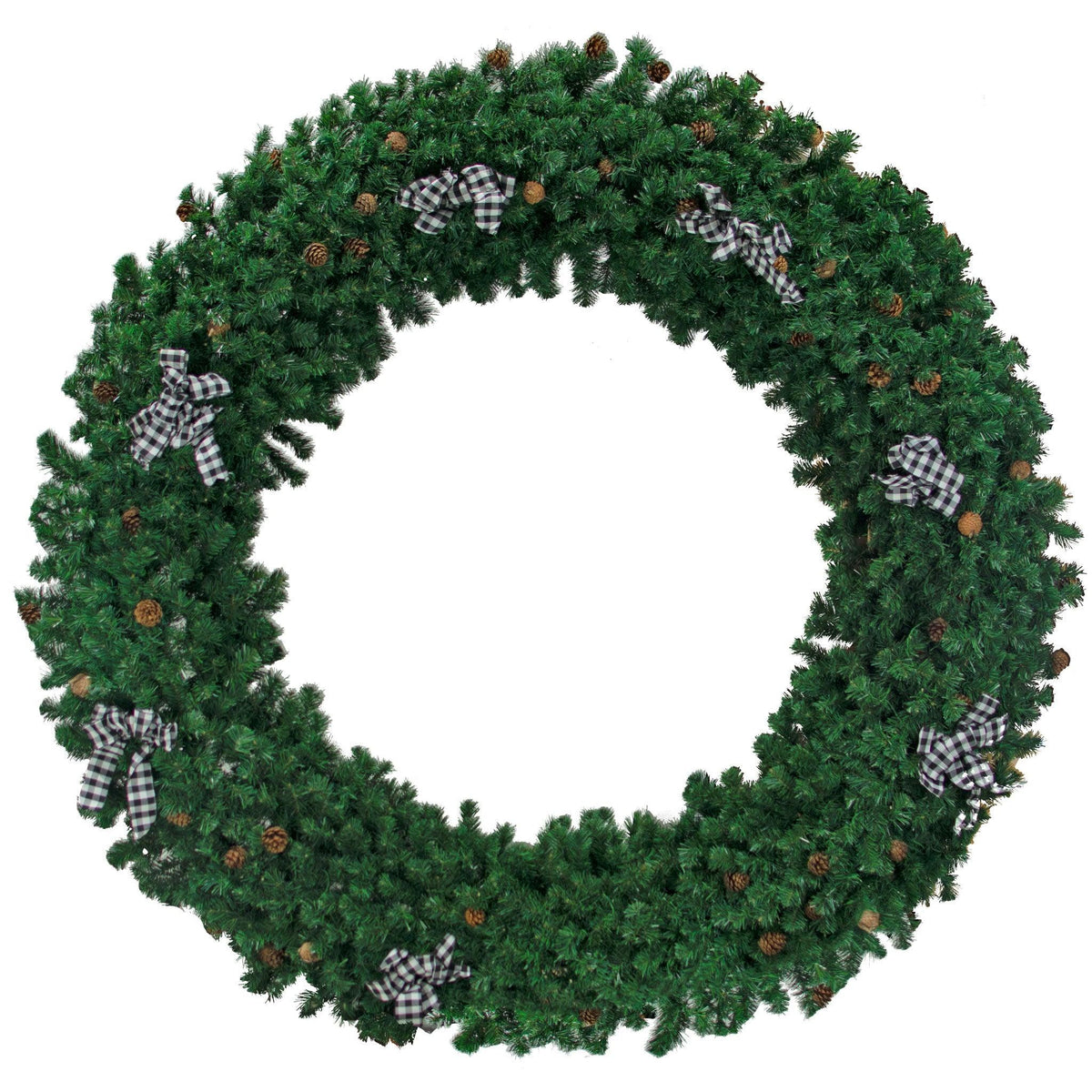 Lee Display's 8FT Outdoor Pine Needle Christmas Wreath in full with the lights turned off.  Available for purchase at leedisplay.com
