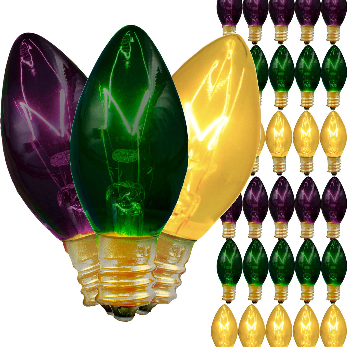 Mardi Gras Themed Lights Bulbs colored in Purple, Green and Gold.