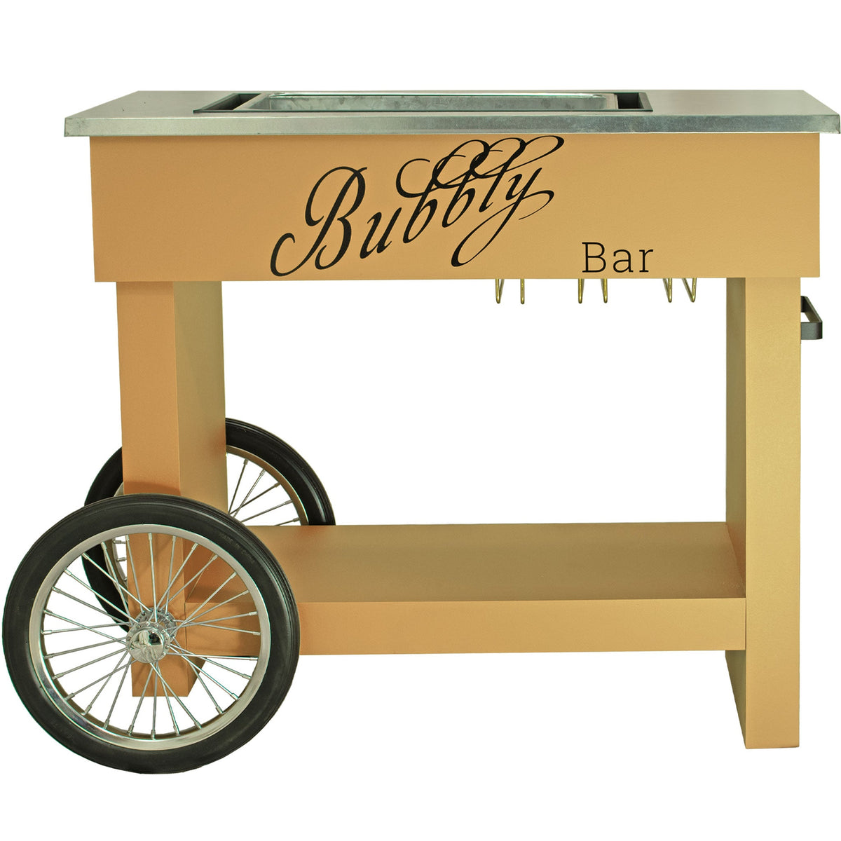 Lee Display's Champagne and Wine Bar Cart with Wheels in Champagne Color and a Bubbly Bar Decal