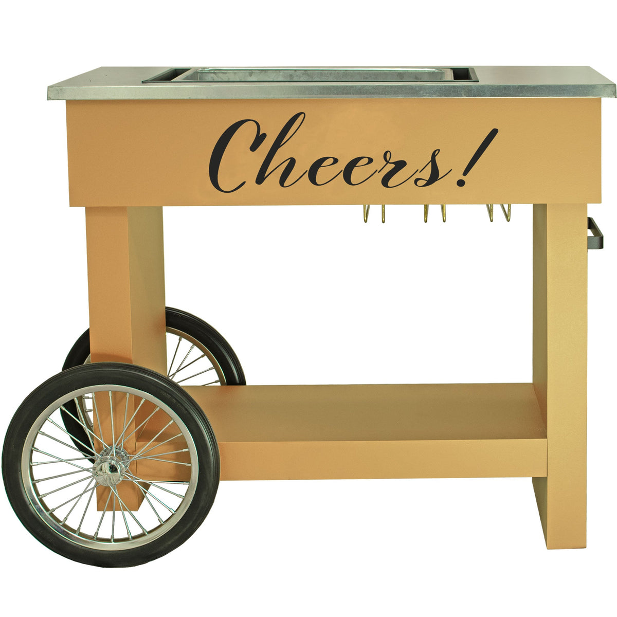 Lee Display's Champagne and Wine Bar Cart with Wheels in Champagne Color and a Cheers! Decal