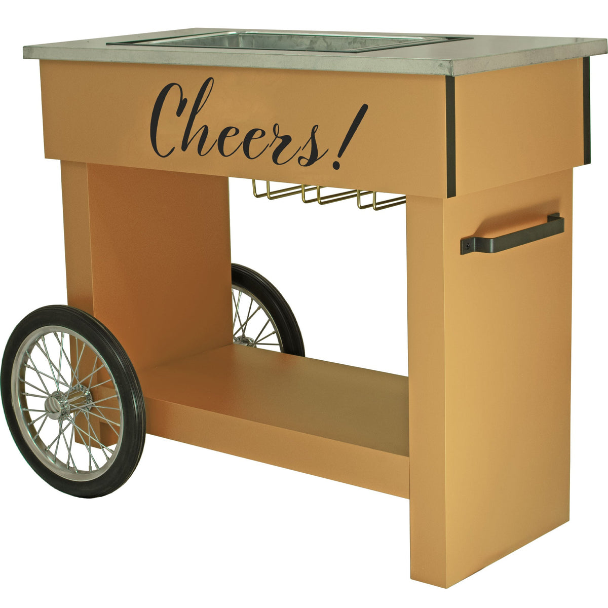 Lee Display's bar cart comes with black semi-pneumatic wheels and a handle to pull the cart and slide it around the floor.