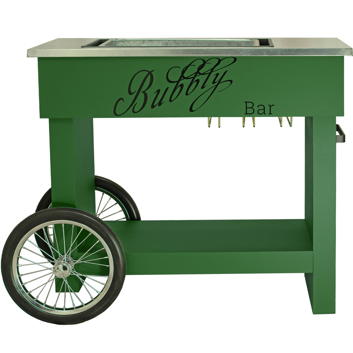 Lee Display's Champagne and Wine Bar Cart with Wheels in Green Color and a Bubbly Bar Decal