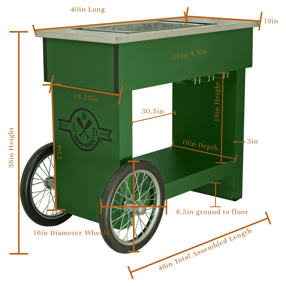 Dimensions and Specs of Lee Display's Champagne and Wine Bar Cart with Wheels in Green Color