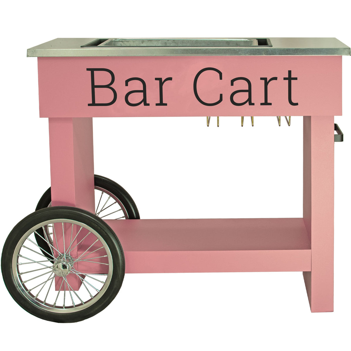 Lee Display's Champagne and Wine Bar Cart with Wheels in Pink Color and a Bar Cart Decal