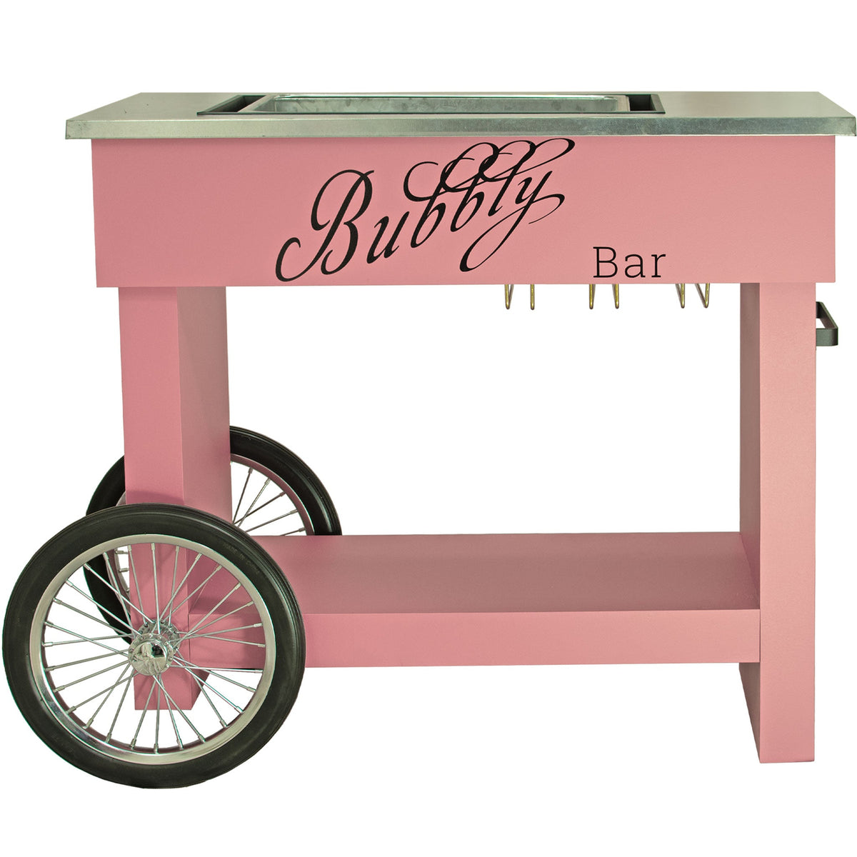 Lee Display's Champagne and Wine Bar Cart with Wheels in Pink Color and a Bubbly Bar  Decal