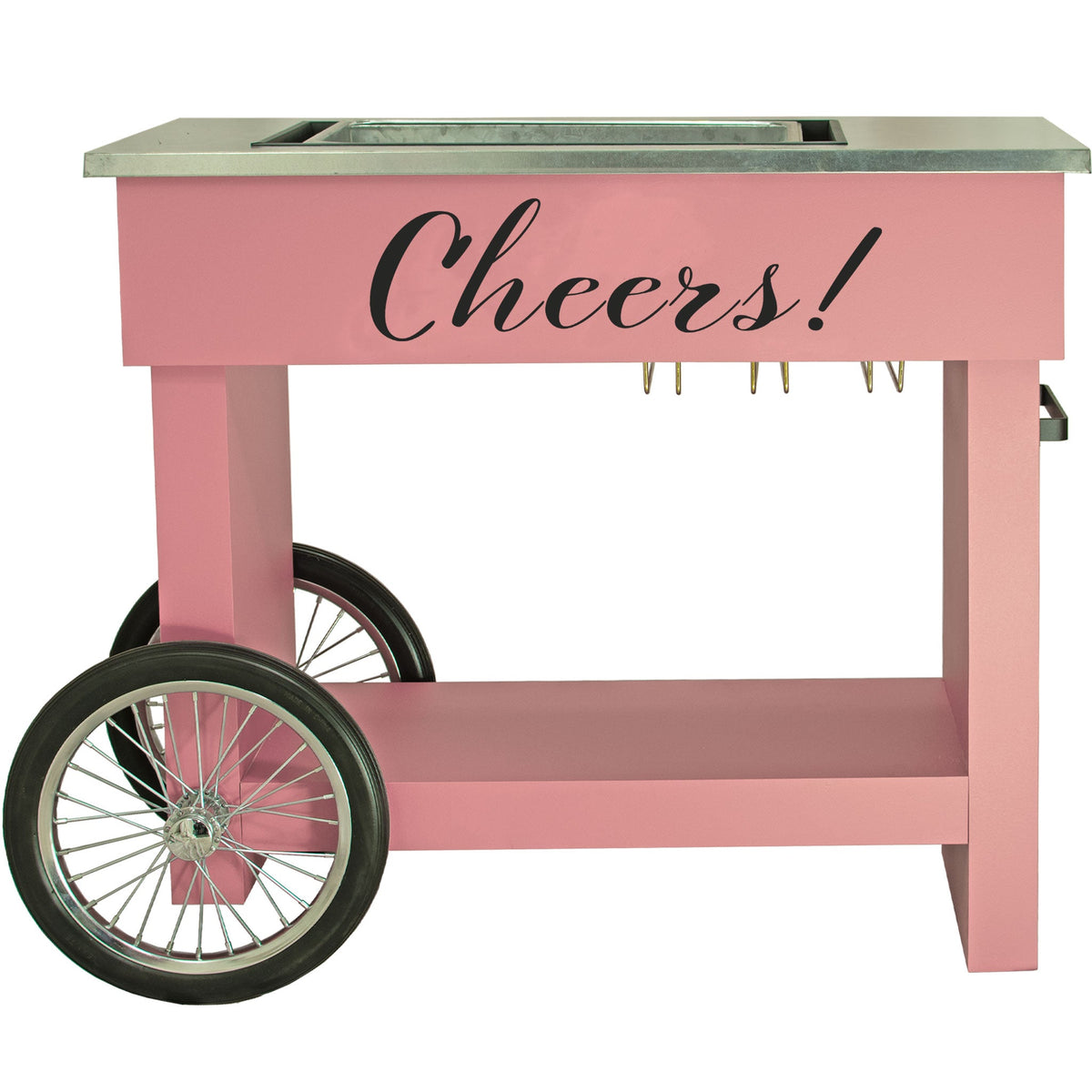 Lee Display's Champagne and Wine Bar Cart with Wheels in Pink Color and a Cheers! Decal